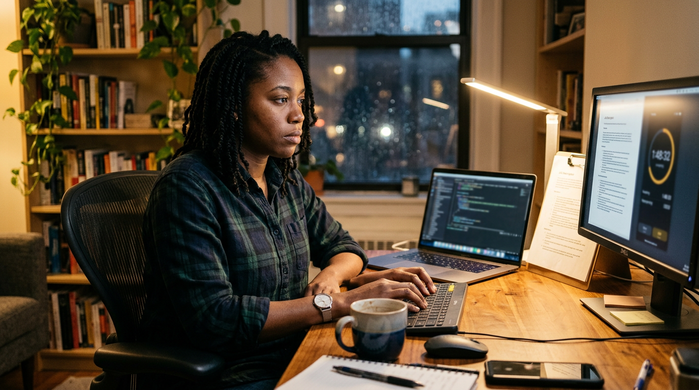 Consultant at a home desk in the evening working on a coding assignment with a timer nearby