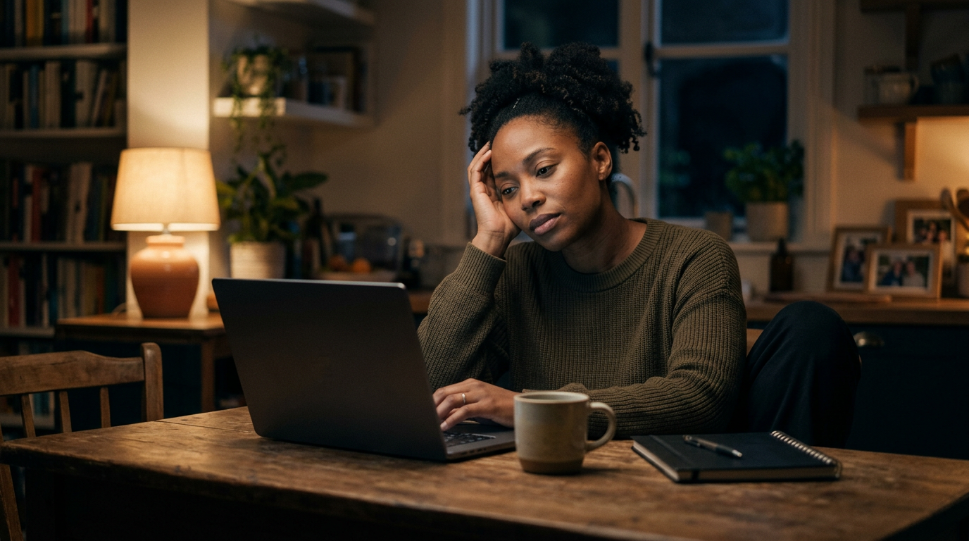 Consultant sitting tiredly at a kitchen table at night with a laptop and unopened course notebook
