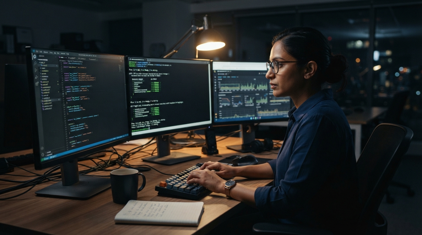 Infrastructure engineer reviewing Terraform and OpenTofu plan output on a multi-monitor desk