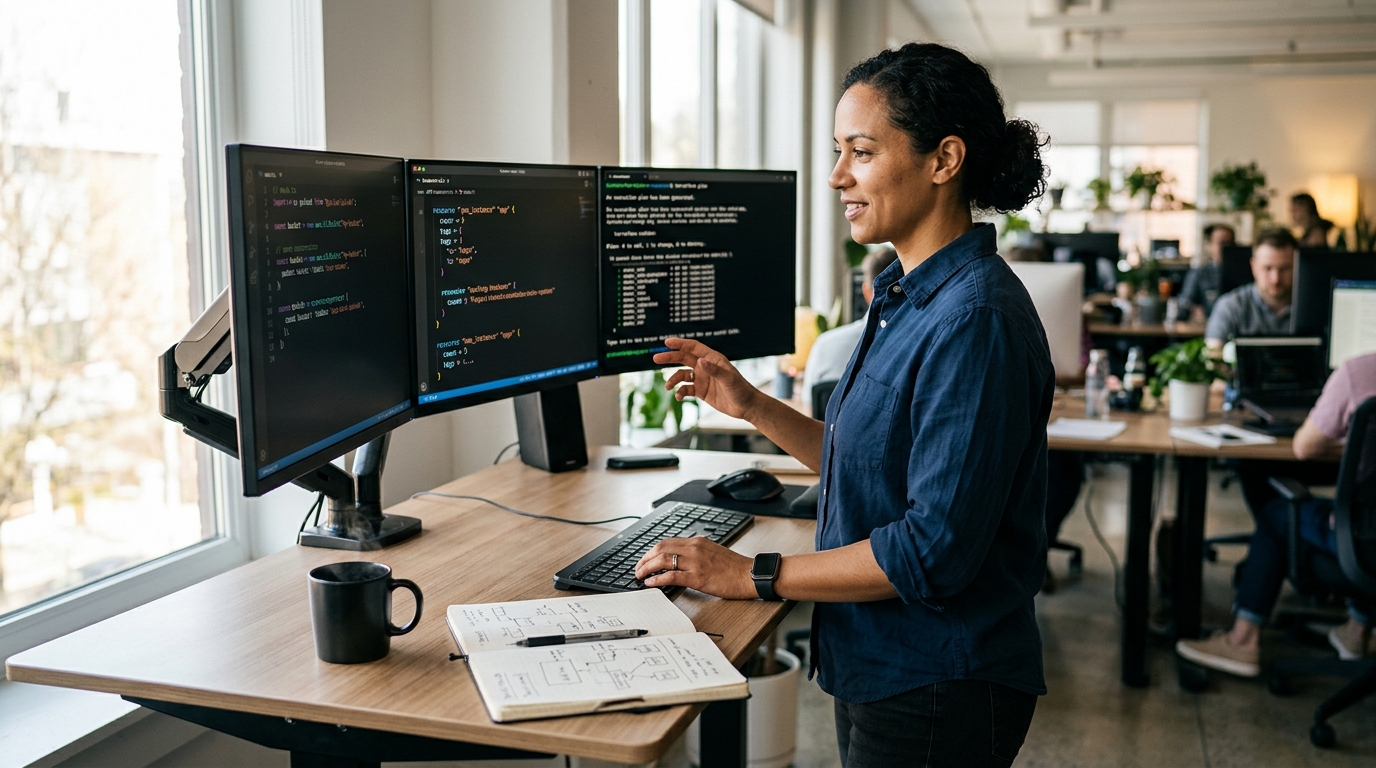 Platform engineer comparing Terraform, OpenTofu, and Pulumi code across three monitors