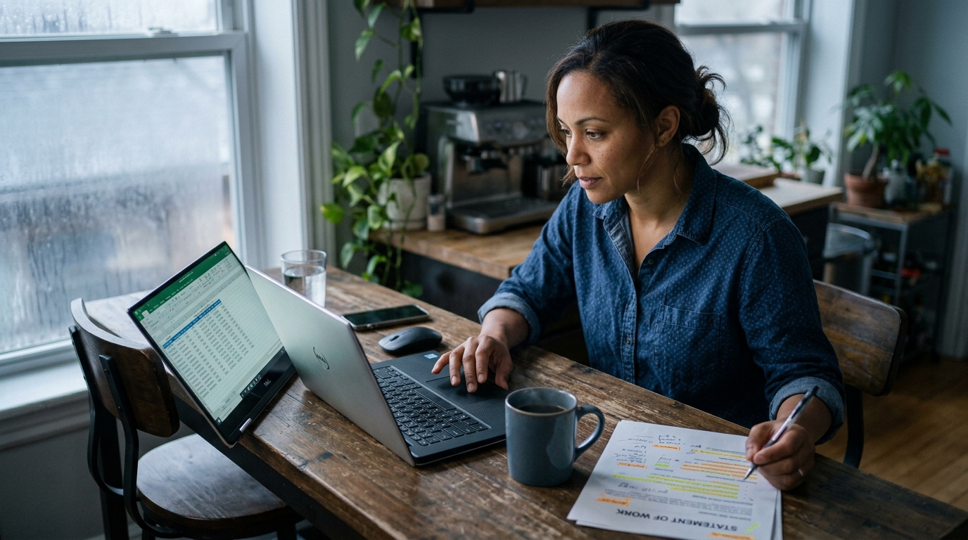 Contract IT consultant reviewing a statement of work and rate sheet at a kitchen table in early morning light