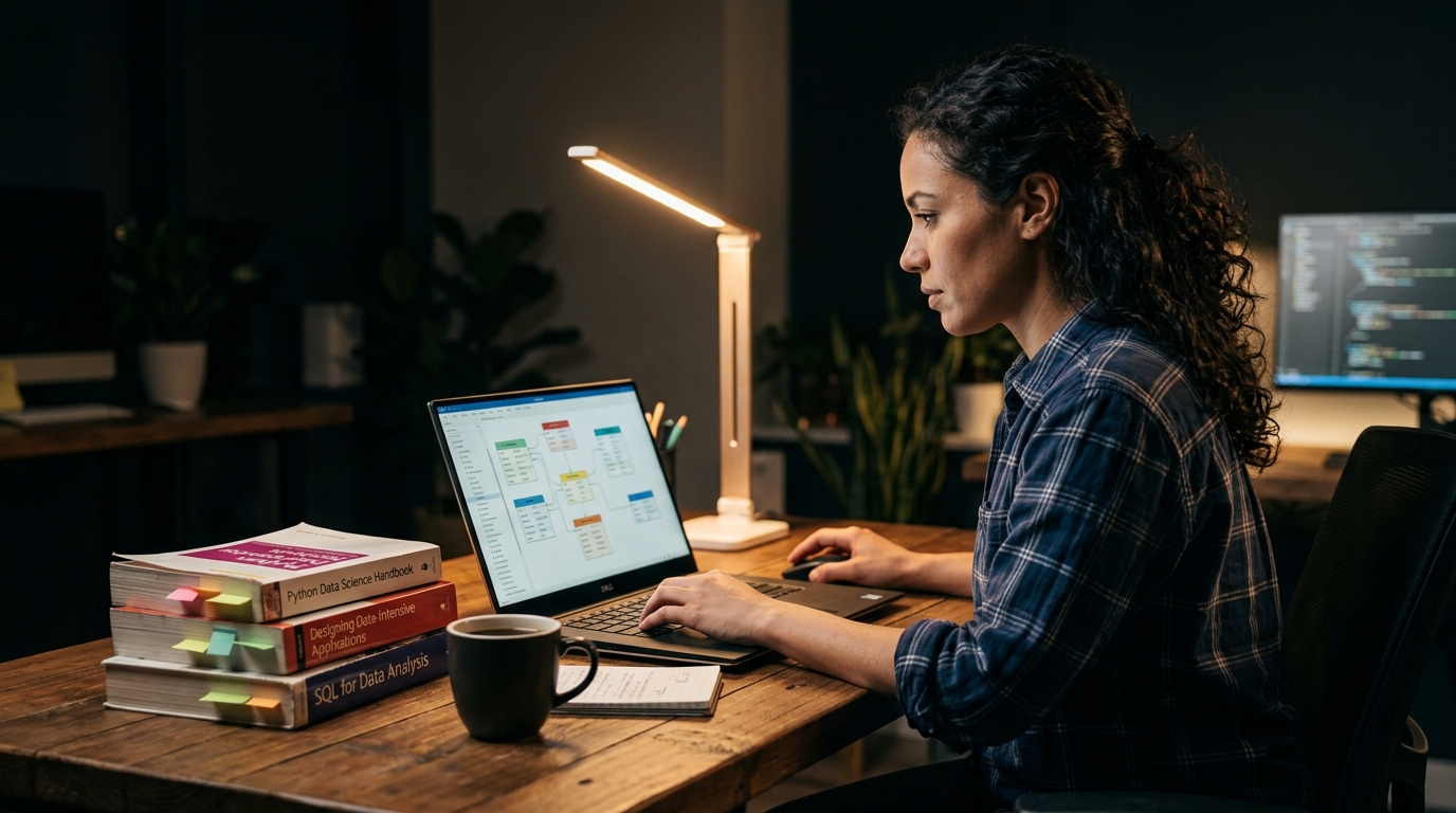 Data engineer at a desk at night with three technical books stacked next to a laptop