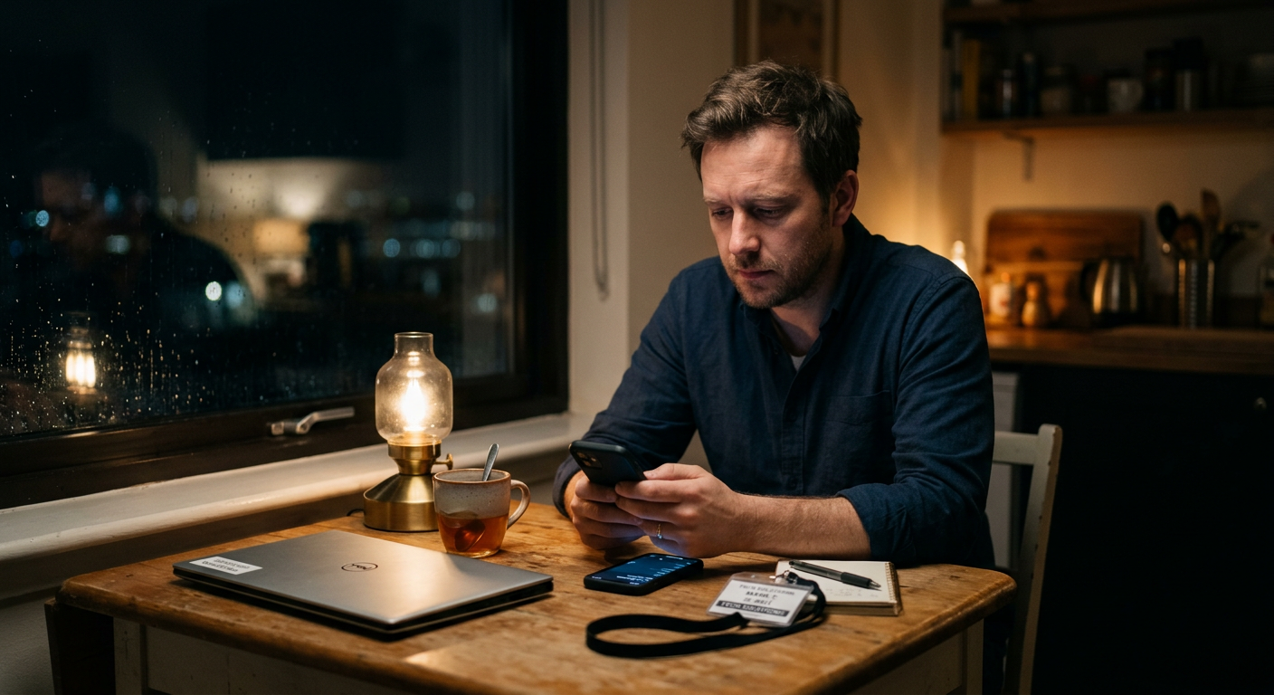 A tired IT consultant sitting alone at his kitchen table late at night holding his phone, laptop closed beside him