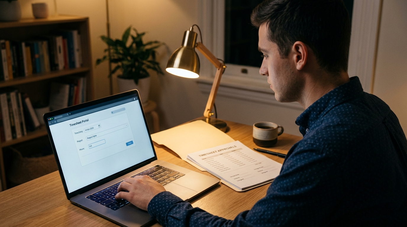 Consultant at a desk in the evening reviewing an approved timesheet next to a folder of printed records