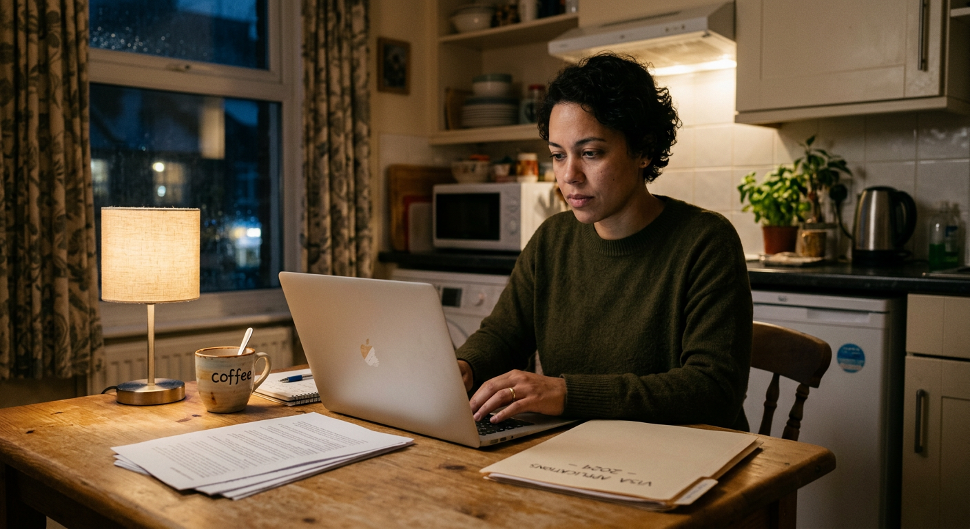 A dependent spouse studies at a kitchen table at night while navigating a paused career during a visa process