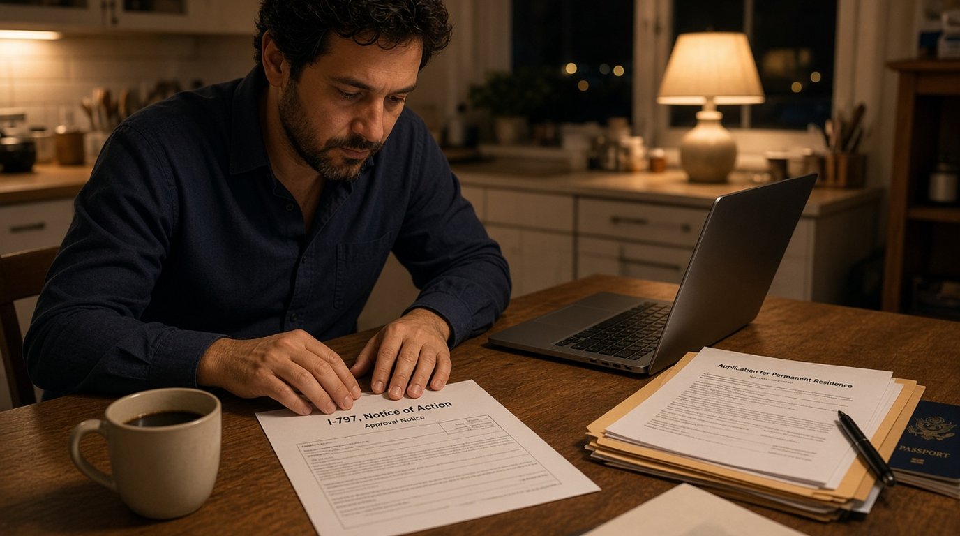 Consultant at a kitchen table reviewing printed H-1B petition documents at night