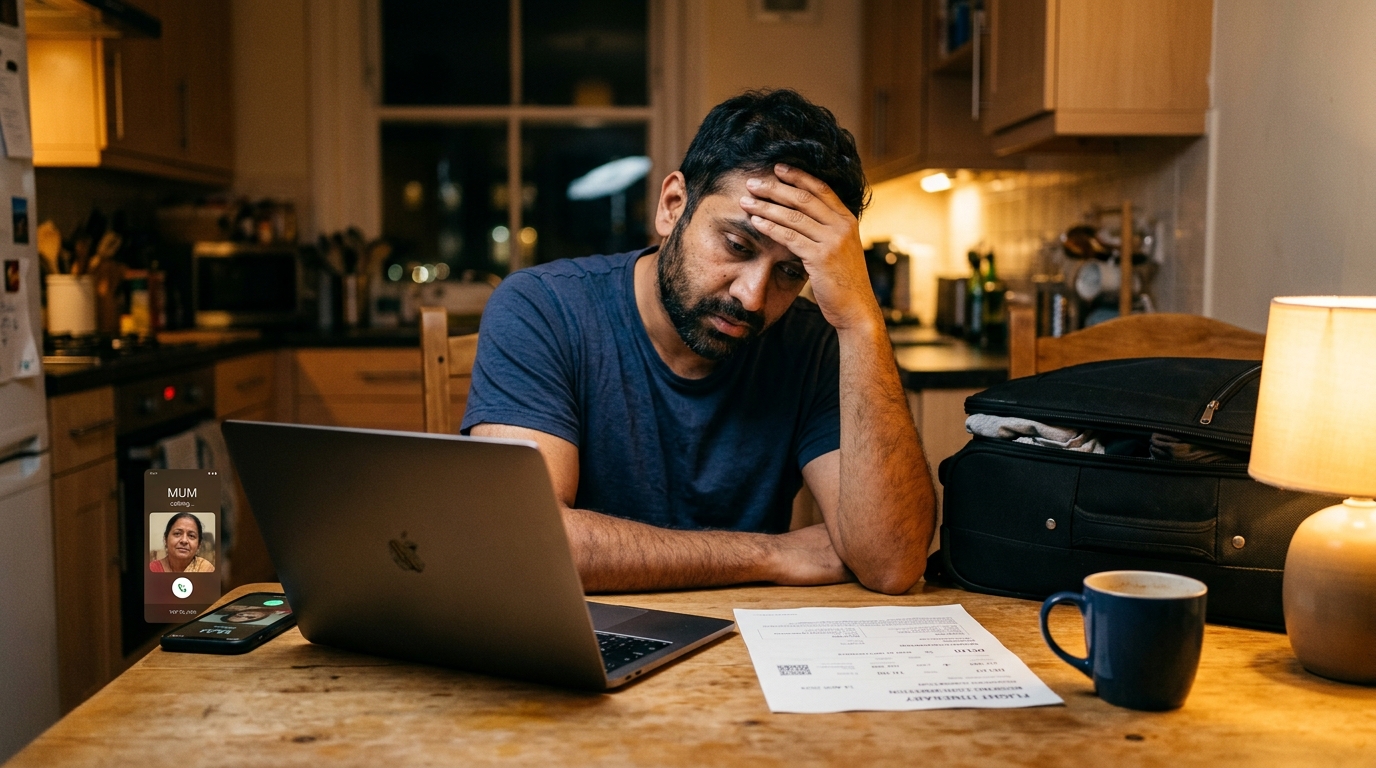 Consultant sitting at a kitchen table at night beside a packed suitcase, weighing whether to travel home