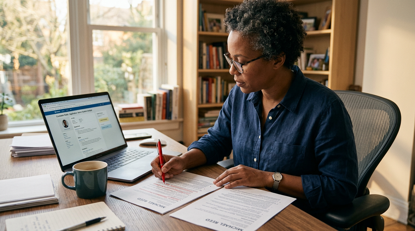 Senior IT consultant reviewing a printed two-page resume at a desk beside a laptop