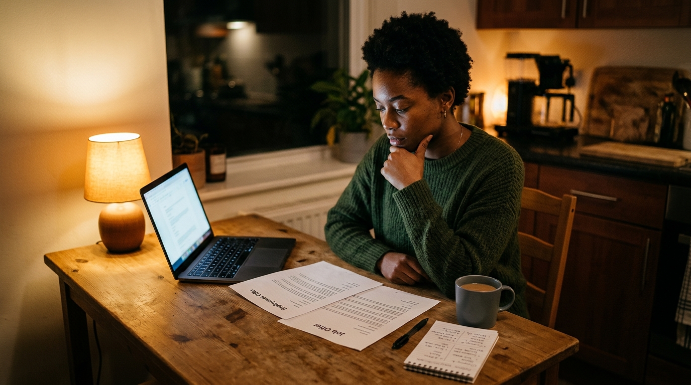 New consultant comparing two printed staffing offer letters at a kitchen table at night