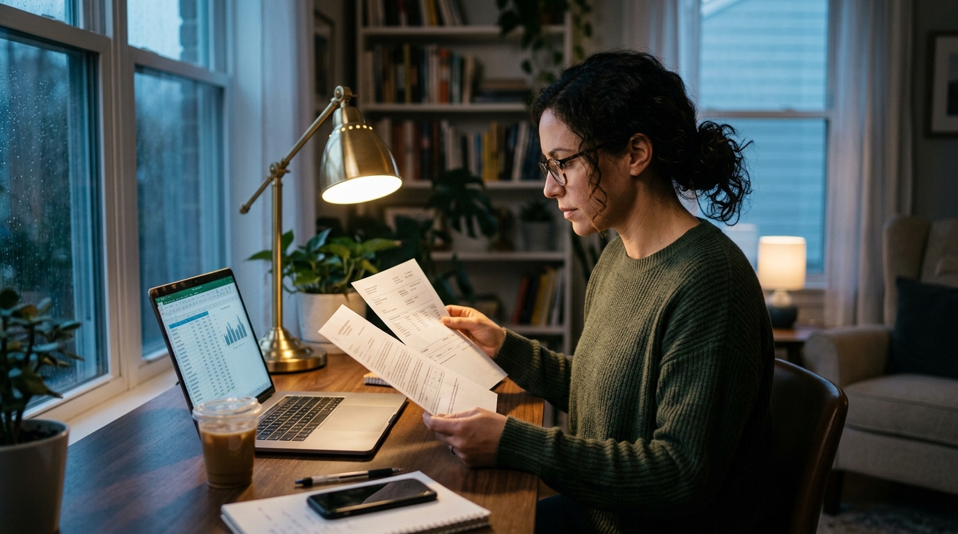 H-1B consultant reviewing pay stubs and wage documents at a home desk at night
