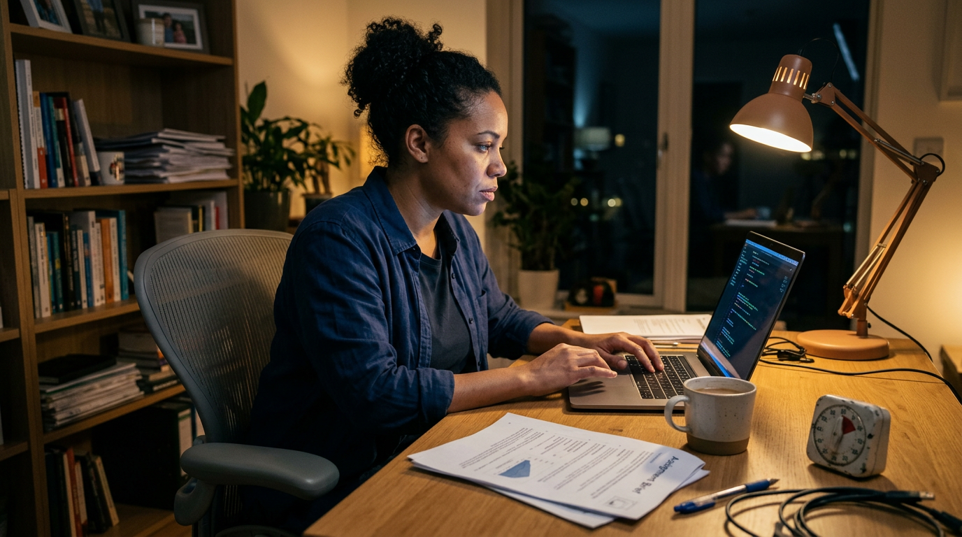 Consultant at a home desk reviewing a printed take-home assignment beside a laptop and timer