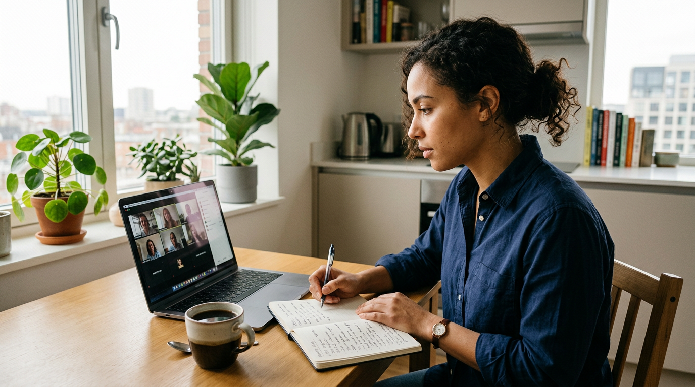 Early-career consultant on a morning video standup call at a kitchen table with laptop and coffee