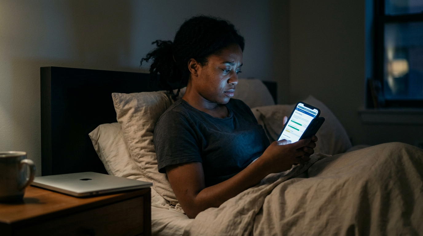 Consultant checking USCIS case status on their phone at night in bed