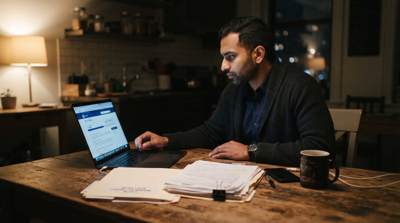 Consultant checking USCIS case status on a laptop at a kitchen table at night