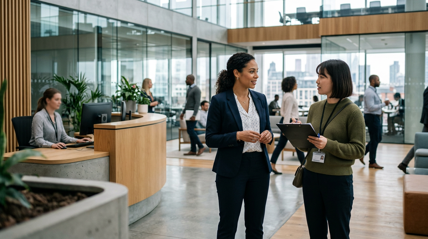 Consultant speaking calmly with a visitor at a client office reception desk