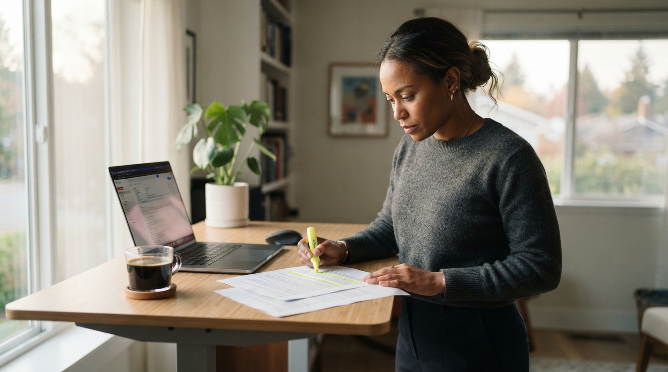 Consultant at standing desk reviewing a staffing contract with a highlighter
