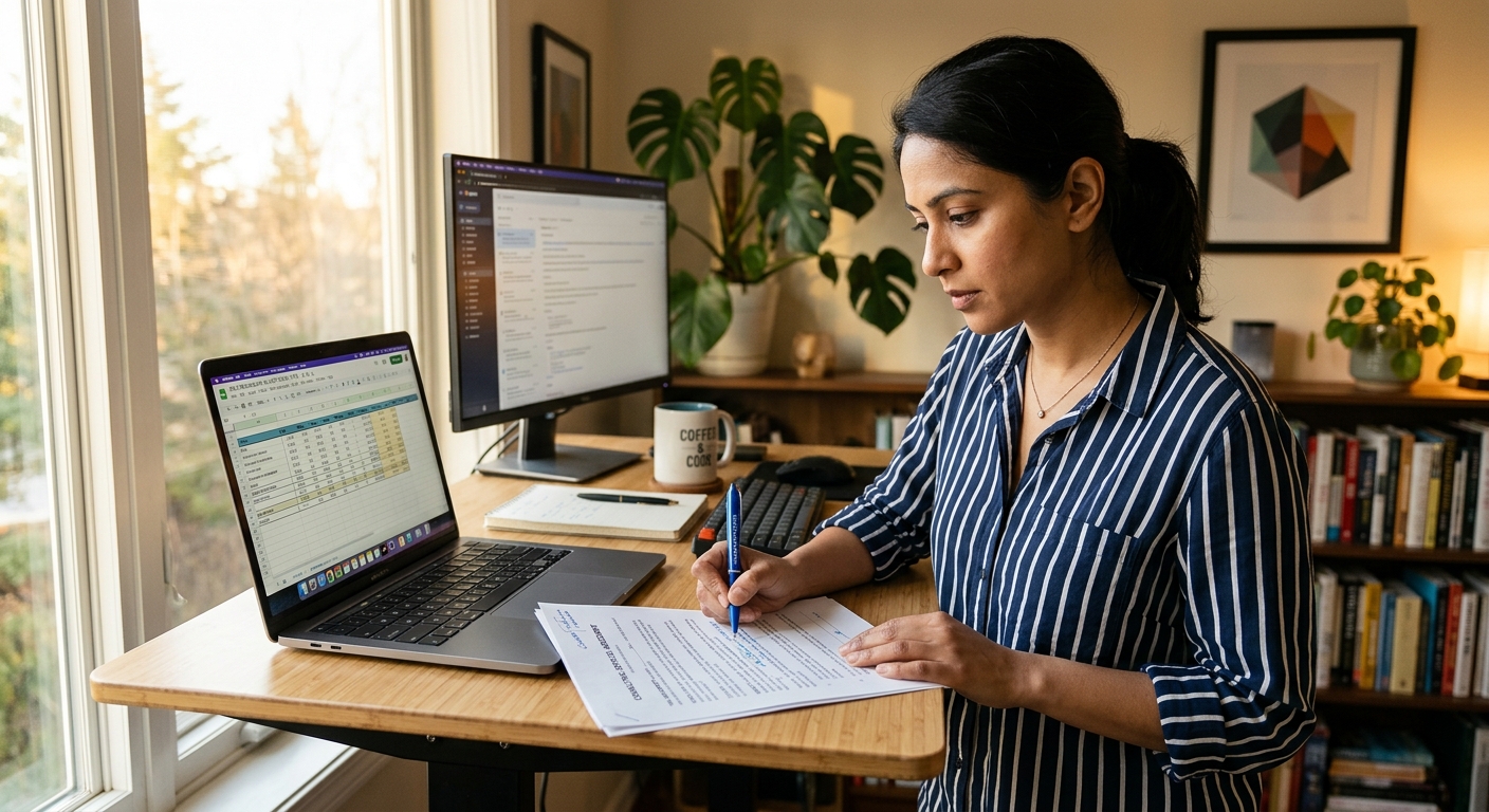Consultant at standing desk reviewing a staffing contract with rate breakdown on laptop