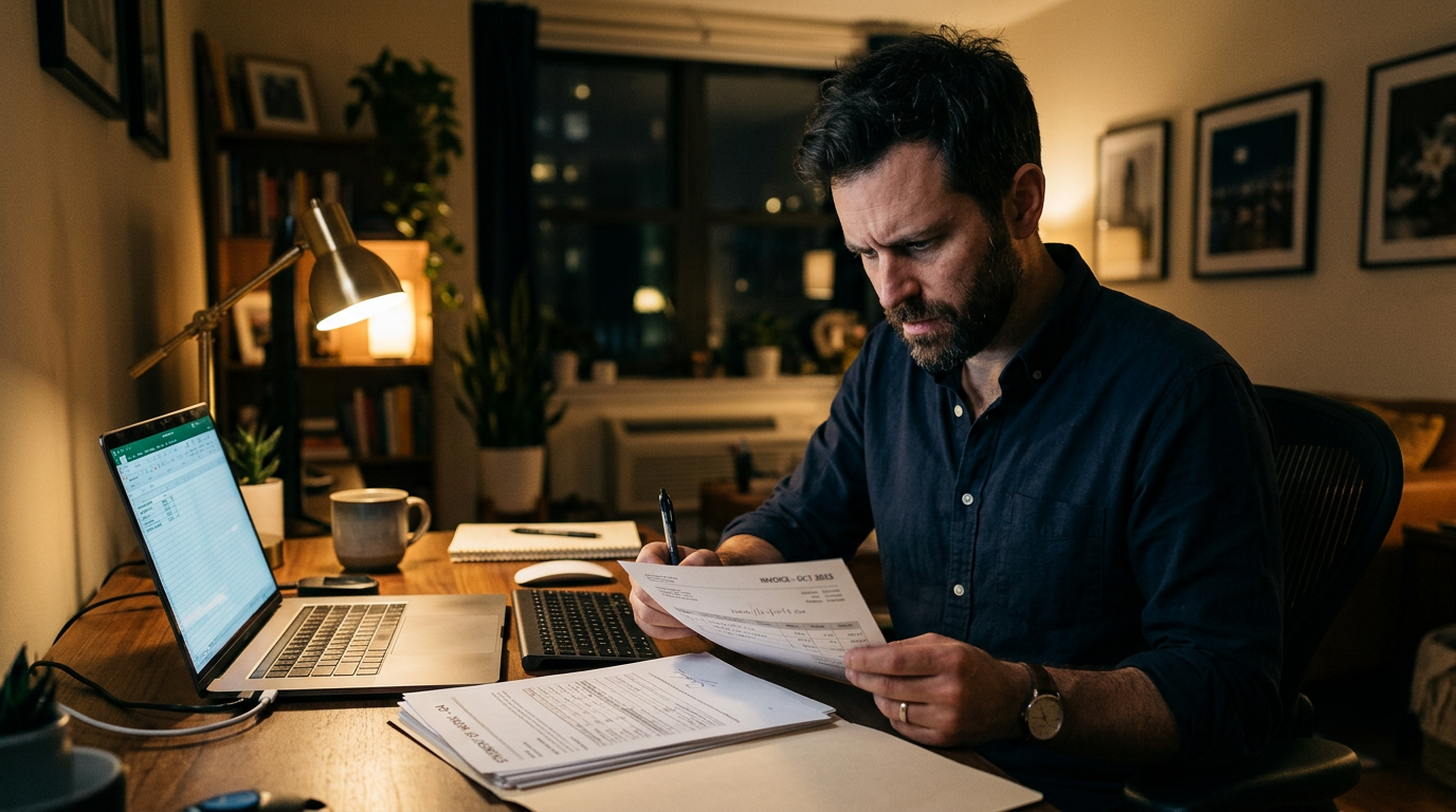 Consultant reviewing a late invoice and signed contract documents at a home office desk at night
