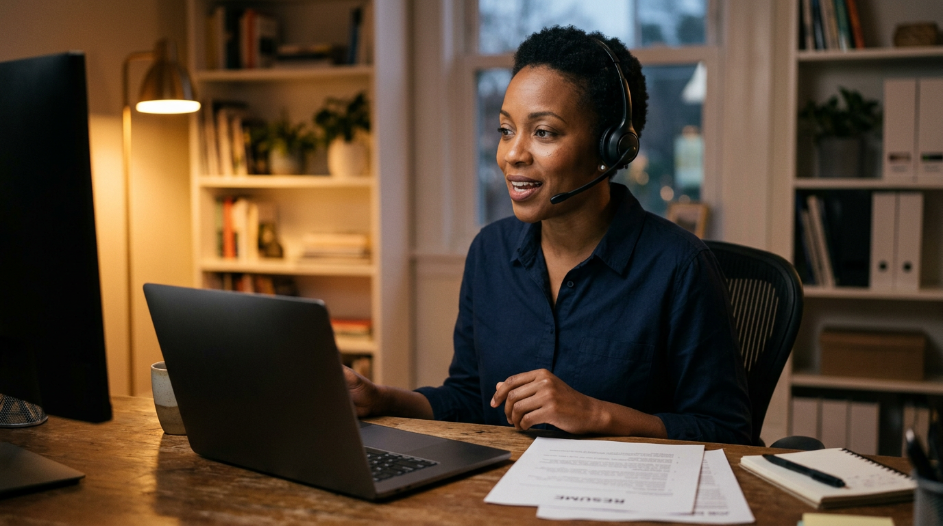 Consultant on a headset preparing notes before a vendor technical screen at a home desk