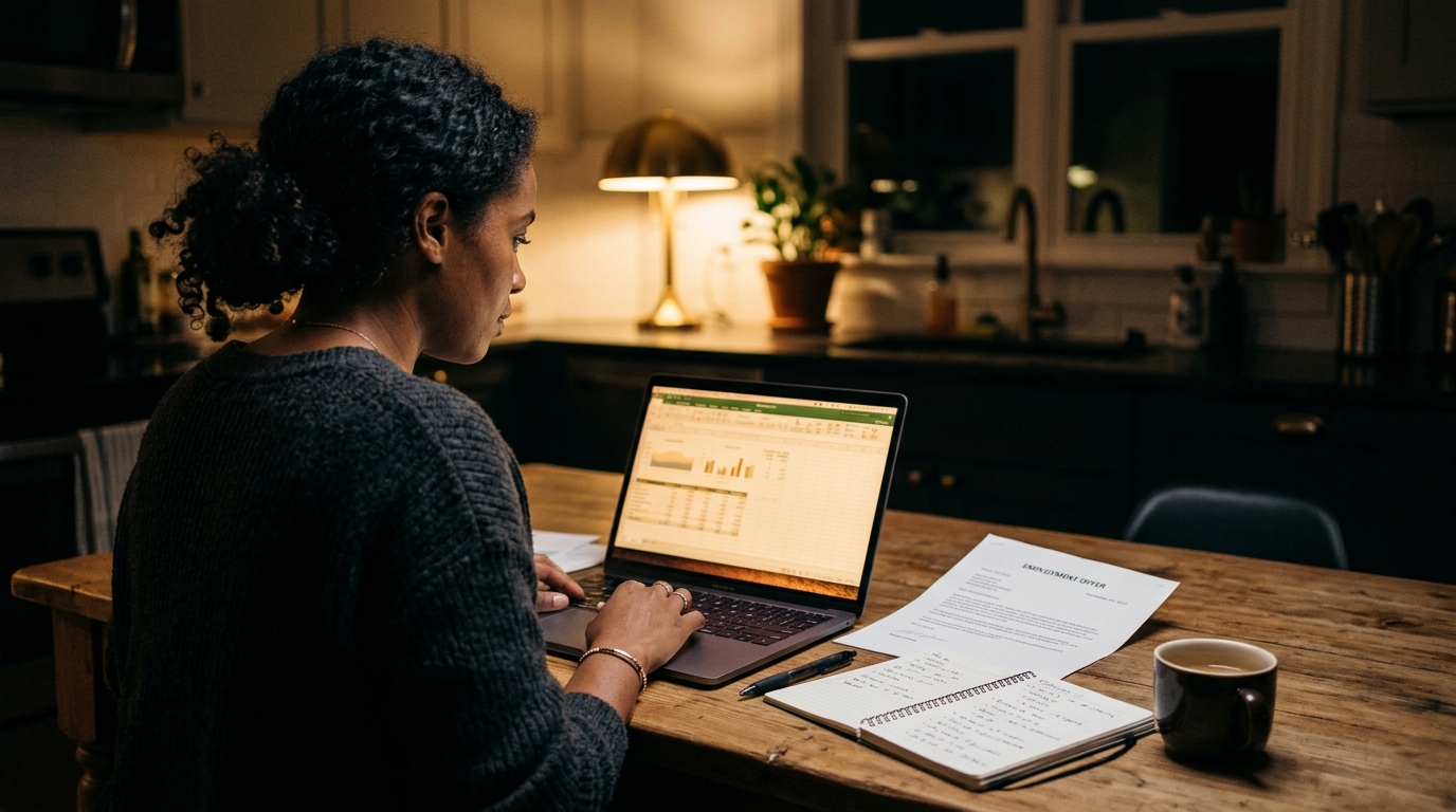 Consultant reviewing employer filing data on a laptop at a kitchen table at night