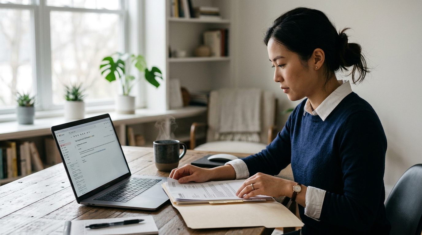 Consultant organizing visa stamping documents at a home desk before a consulate appointment