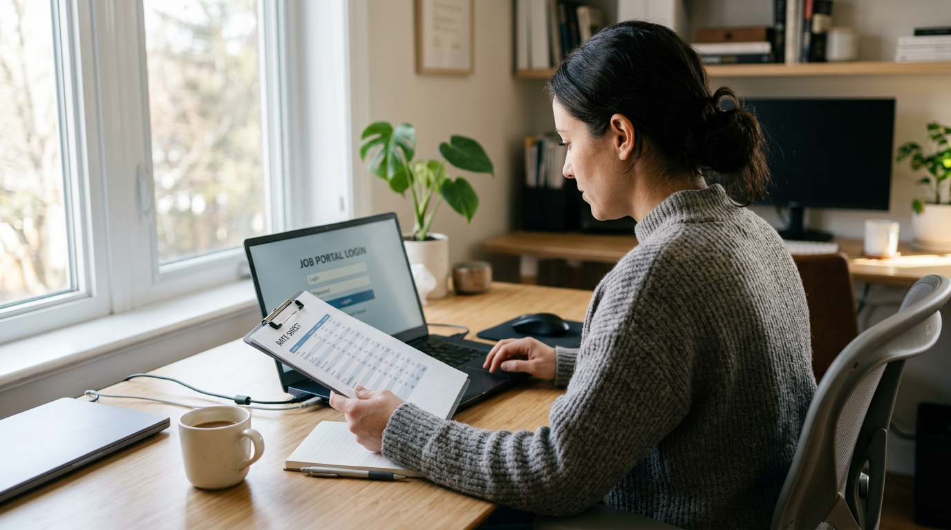 Consultant reviewing a rate sheet and laptop portal while evaluating a contract role