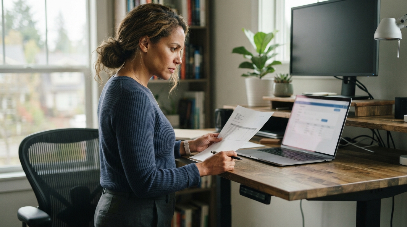 Contract consultant at a standing desk reviewing a rate sheet and timesheet portal