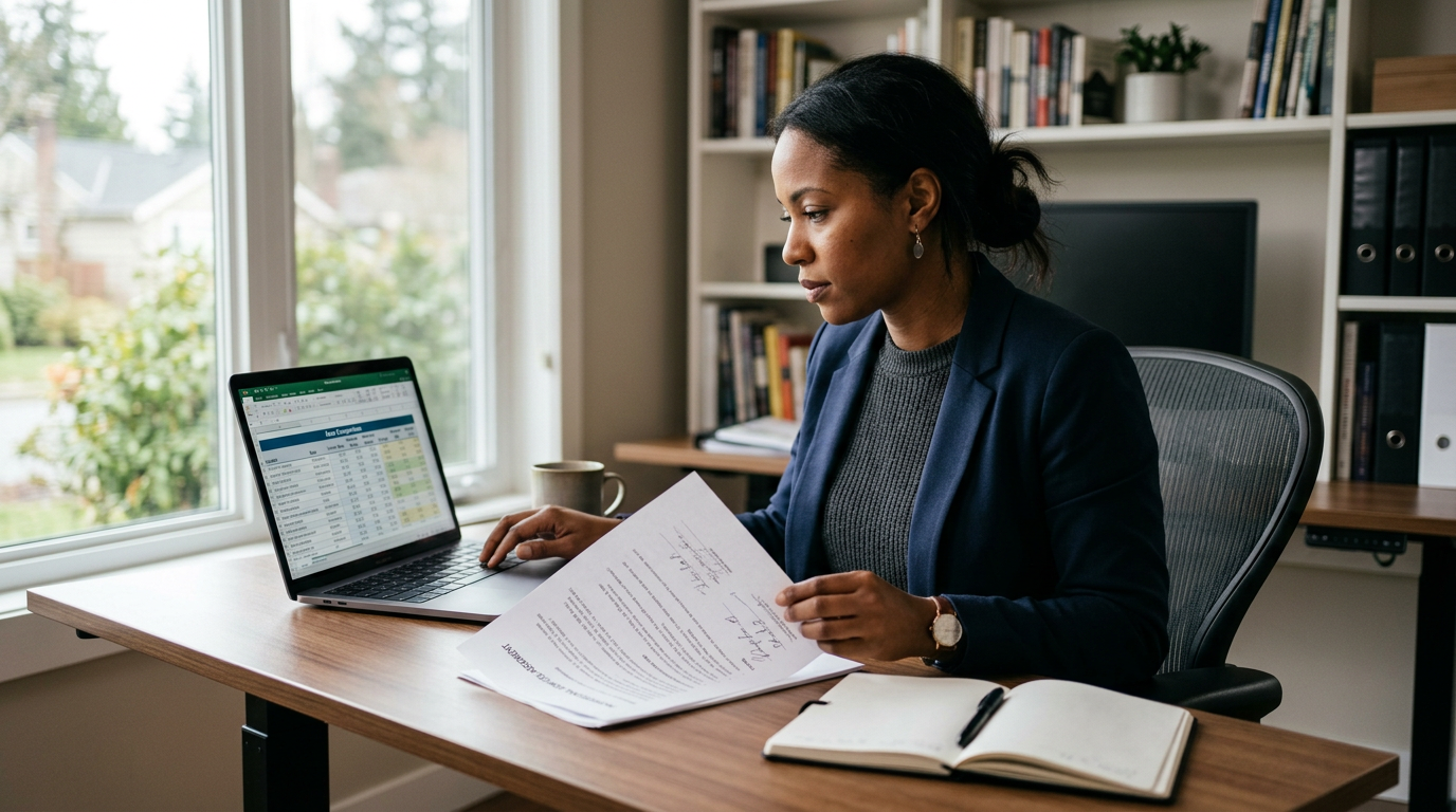 Consultant at a standing desk reviewing a contract during a rate negotiation