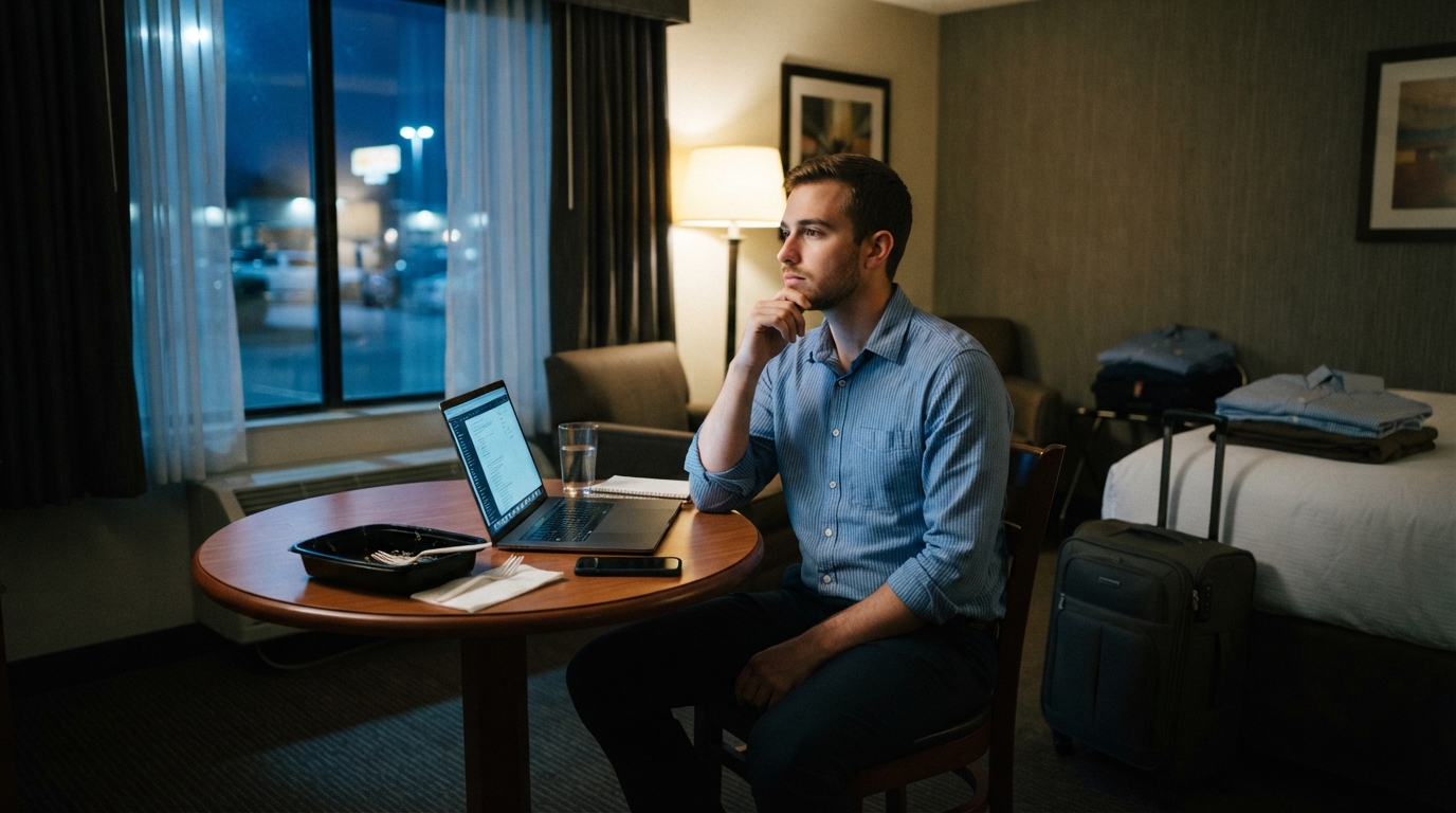 A consultant eats dinner alone at a laptop in a quiet extended-stay hotel room at night