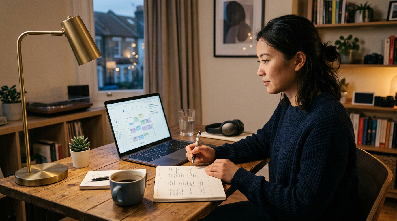 Consultant planning a structured weekly job search at a home desk with a planner and laptop