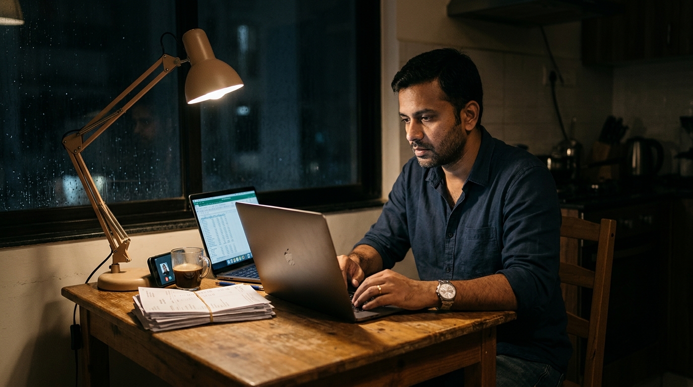 A consultant sitting alone at a kitchen table at night with a laptop and paperwork, reflecting quiet financial pressure