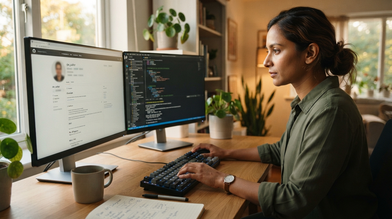 Consultant reviewing their own GitHub README on a dual-monitor desk setup