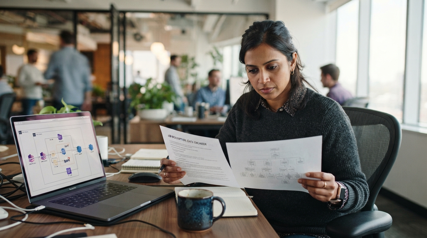 Engineer reviewing a detailed job description document at a desk with a laptop showing data pipeline diagrams