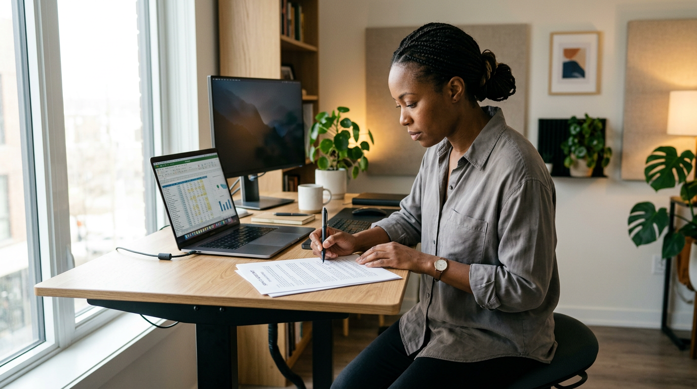 Consultant at a standing desk reviewing a contract rate sheet before a recruiter call