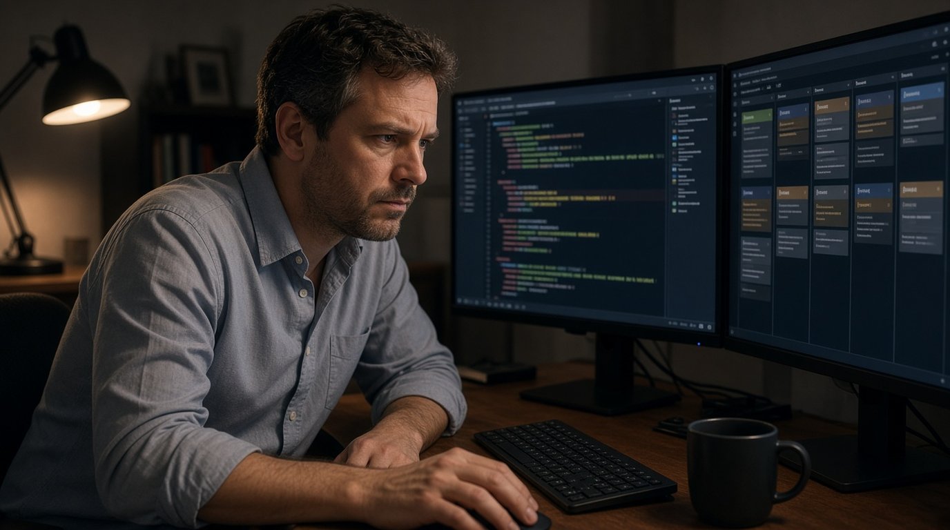 Consultant reviewing a pull request at a dual-monitor desk at night, evaluating AI-assisted code.