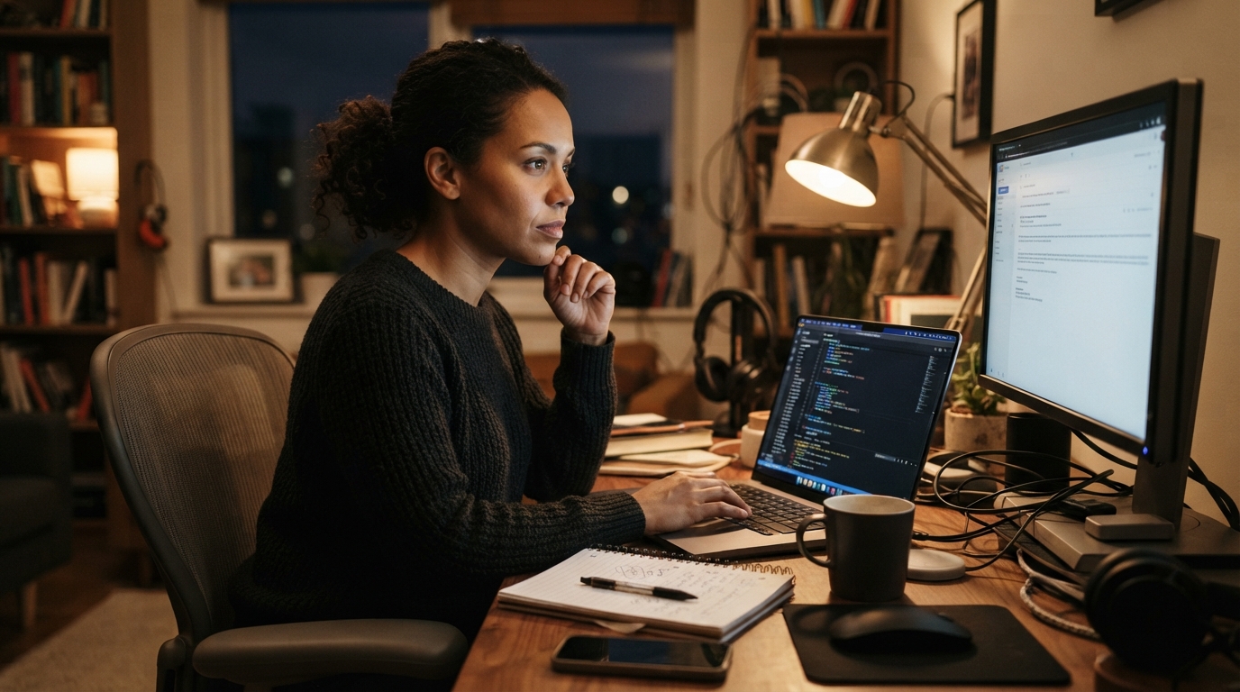 Consultant at a laptop late at night weighing whether to accept a take-home coding assignment