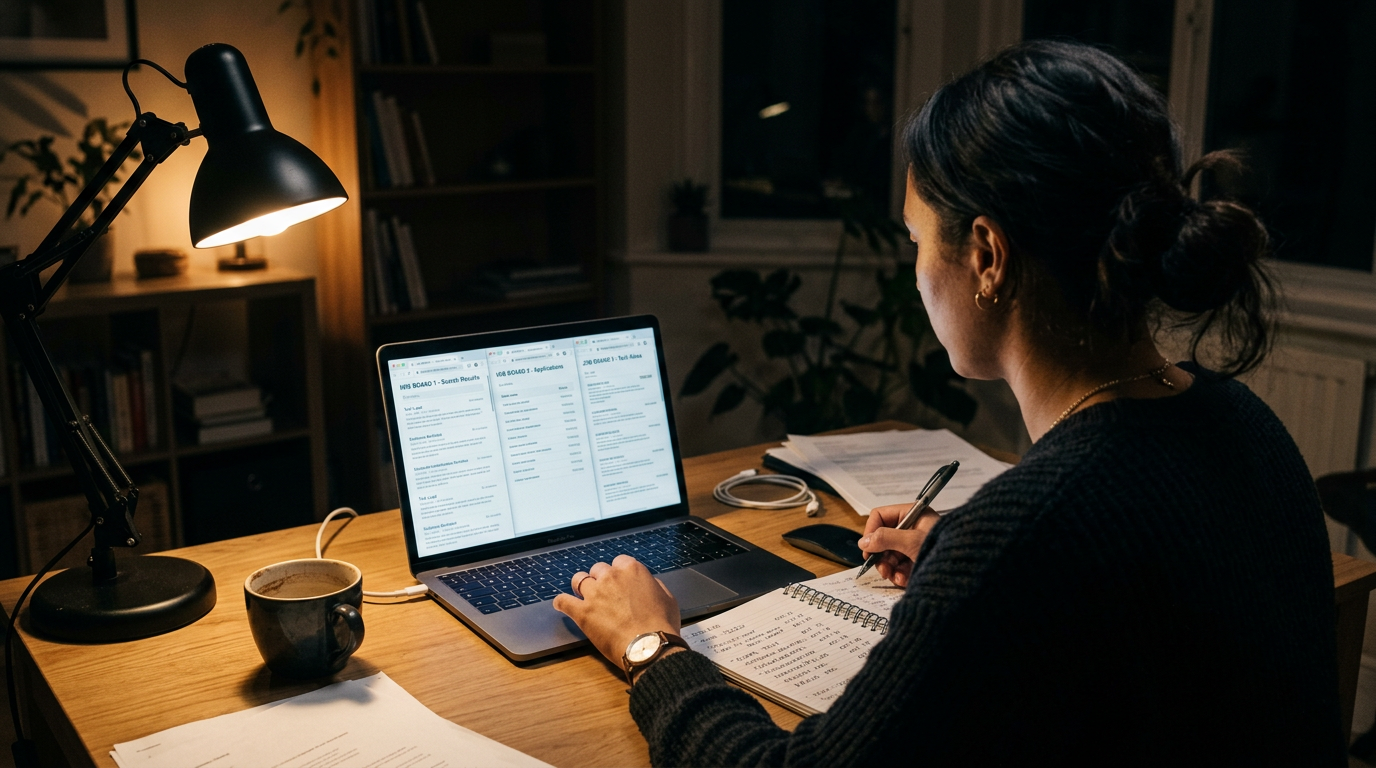Consultant at a laptop late at night comparing contract job postings across multiple browser tabs