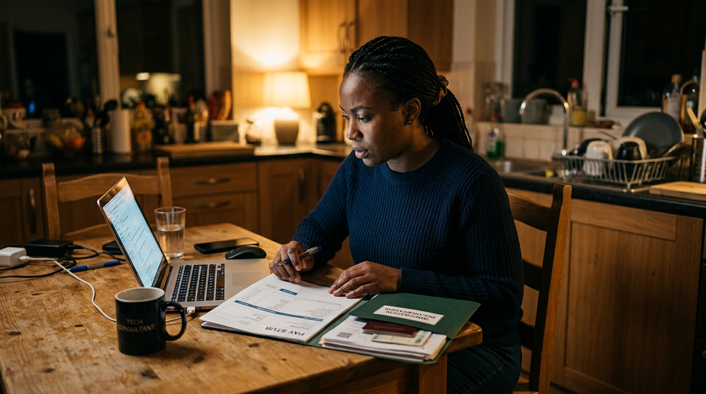 Consultant reviewing a pay stub next to immigration paperwork at a kitchen table at night