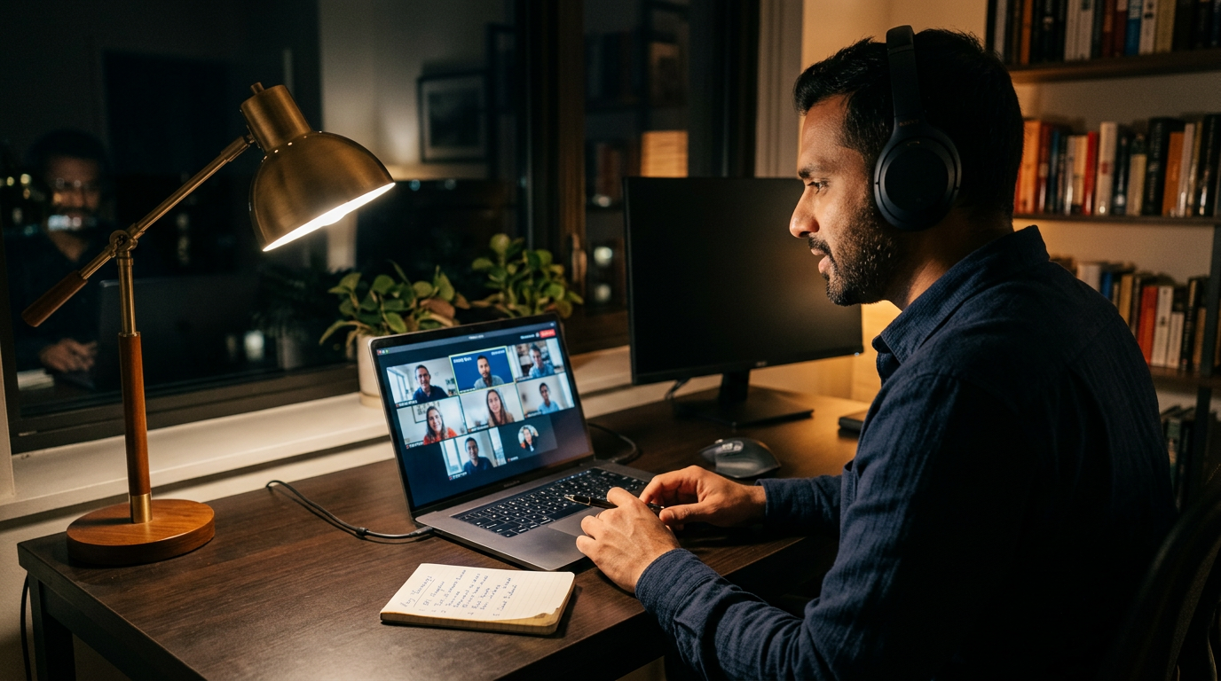 Consultant preparing talking points before a video interview at a home desk at night