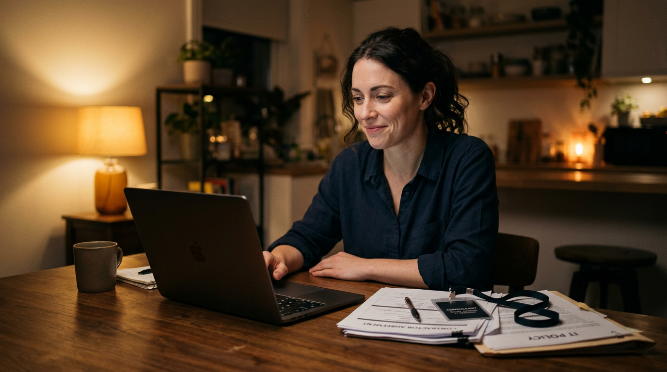 Contract consultant reviewing onboarding paperwork and a badge at a kitchen table at night