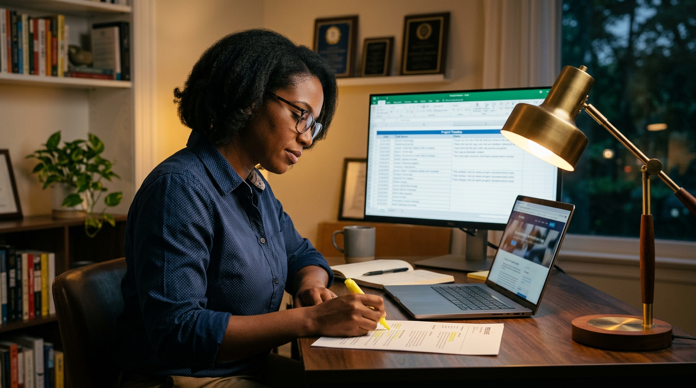 Technology consultant reviewing a printed resume with a highlighter at a home office desk
