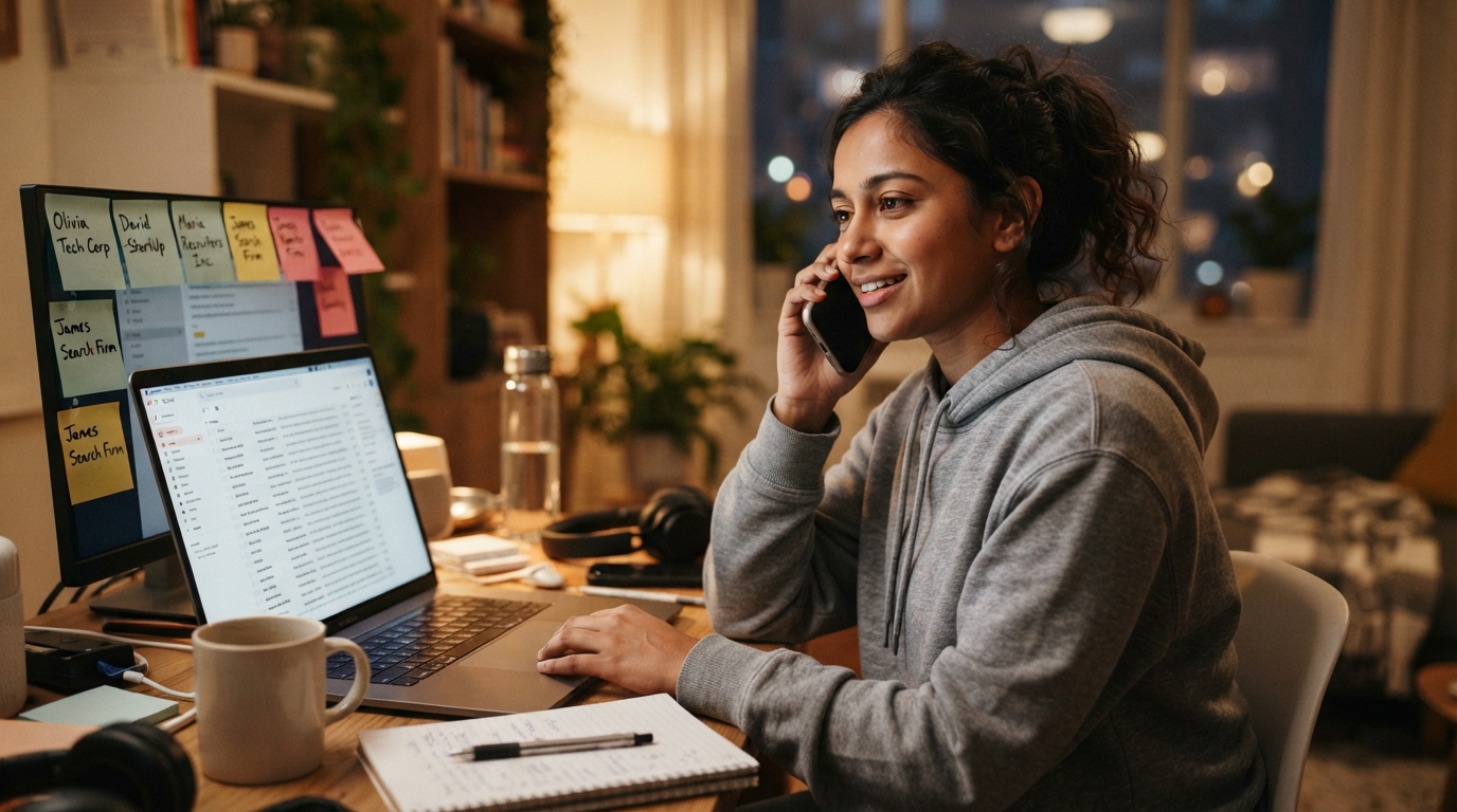 Early-career IT professional on the phone at a desk with sticky notes from multiple recruiters