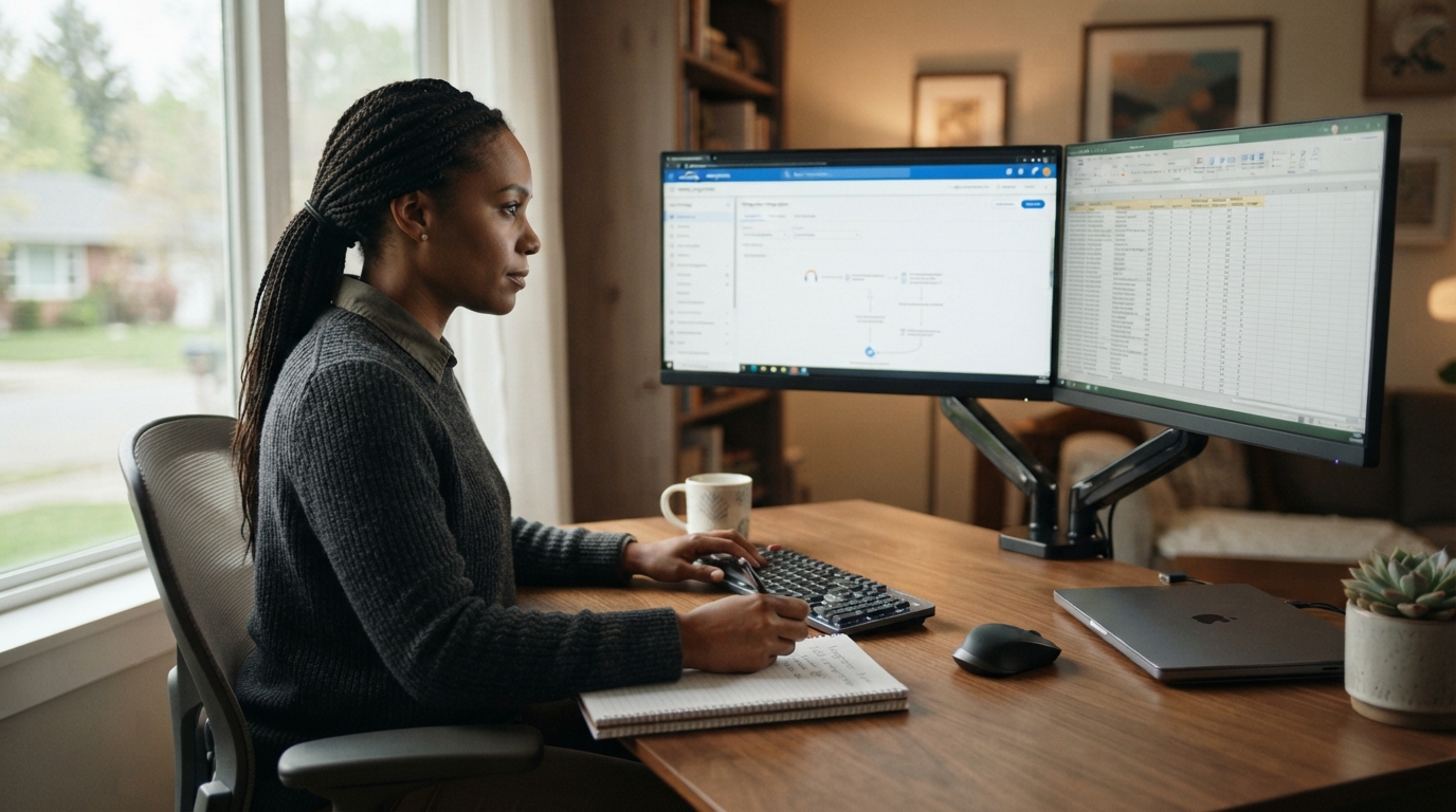Consultant reviewing Workday integration and data mapping screens at a home office desk