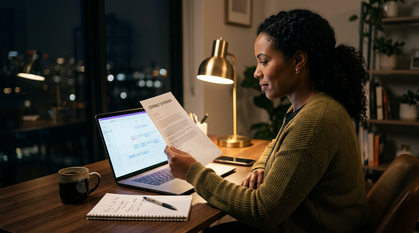 Consultant reviewing a contract extension letter at a desk in the evening during year-end budget season