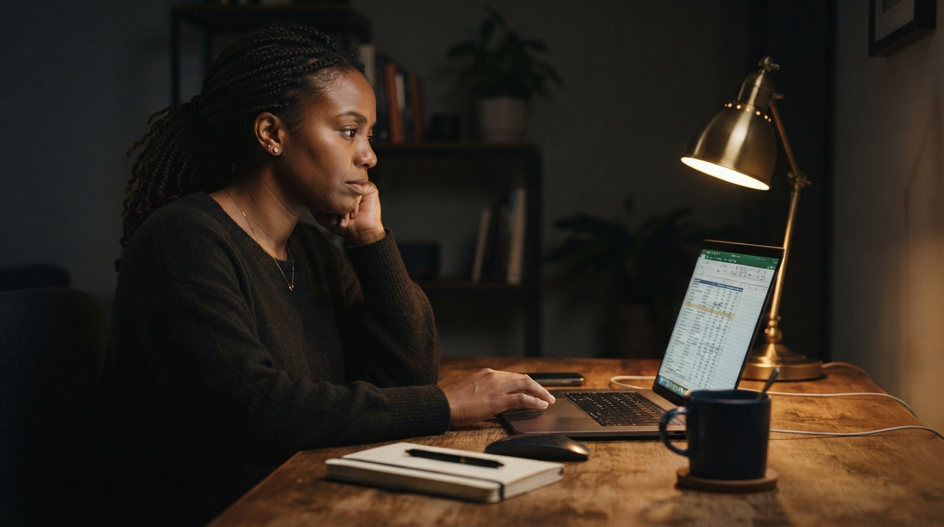 Consultant sitting alone at a desk late at night reflecting beside a laptop showing logged hours