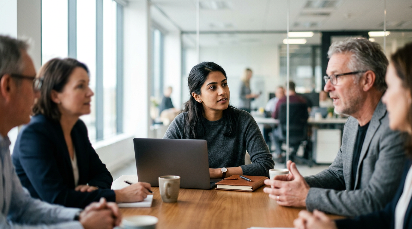 A young consultant listening carefully at a conference table full of experienced colleagues