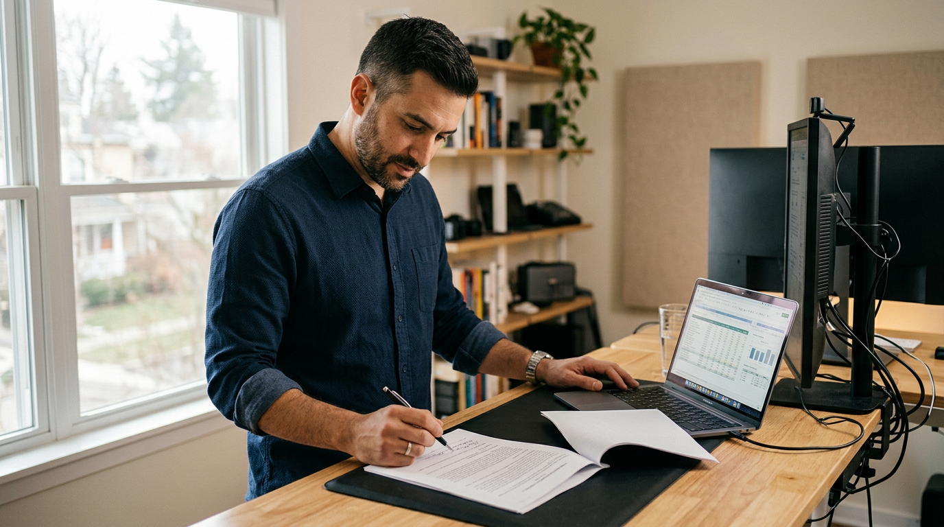 Consultant at a standing desk reviewing a contract and rate spreadsheet