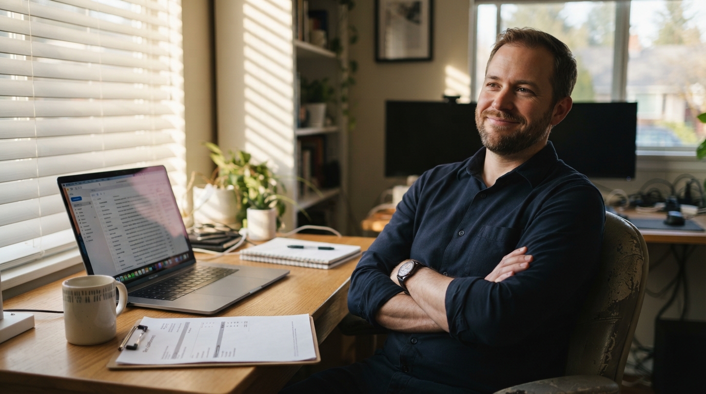 Consultant leaning back at a desk reviewing an email inbox with a printed rate sheet nearby
