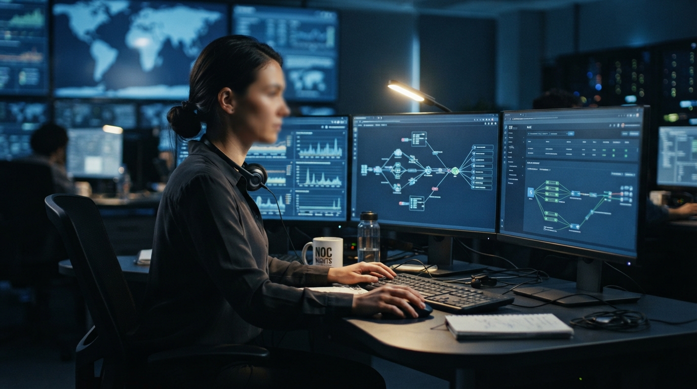 Network engineer at a multi-monitor desk reviewing a SASE policy dashboard at night